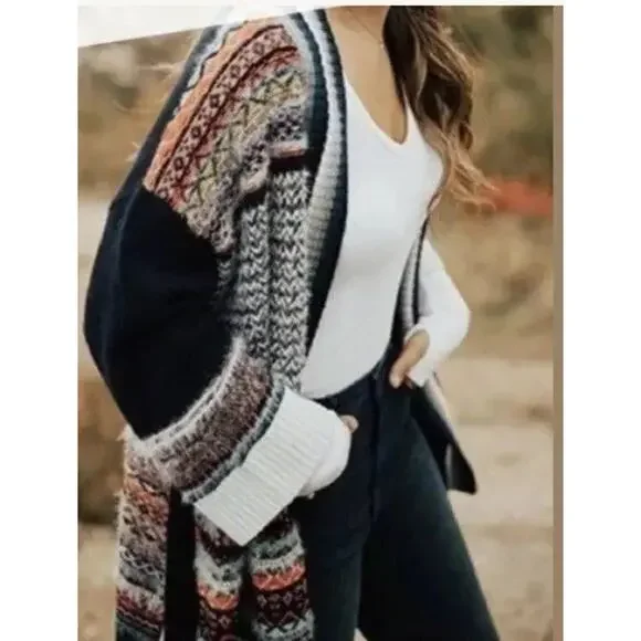 Anthropologie Sleeping on Snow EUC Multi Kimono Fair Isle Wrap Sweater M/L - Picture 2 of 10